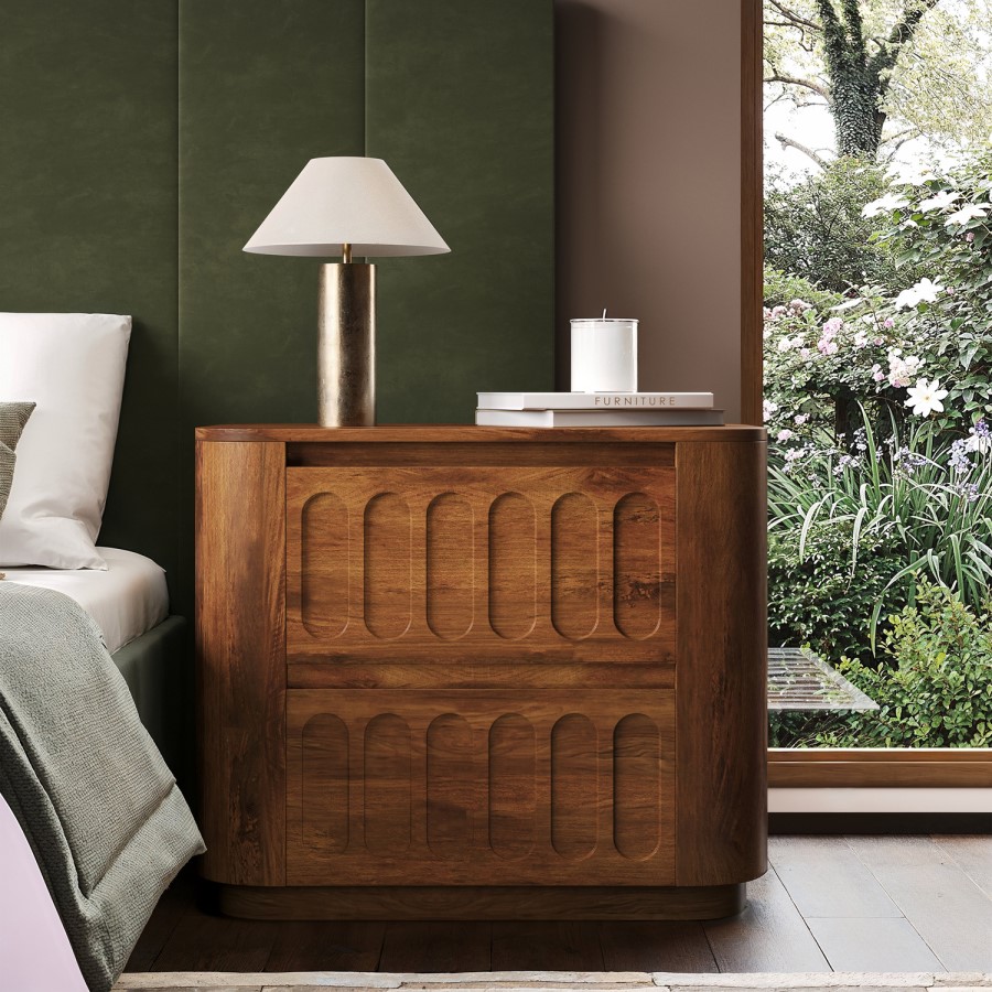 Mango Wood 2 Drawer Hand Carved Bedside Table – Meena 