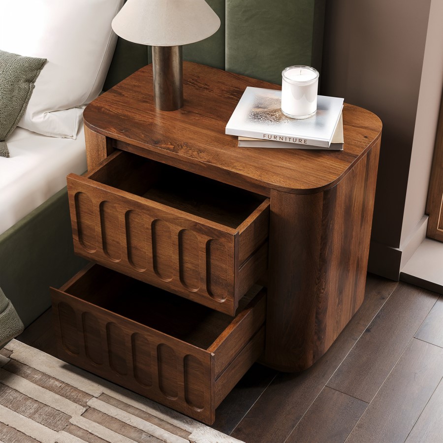 Mango Wood 2 Drawer Hand Carved Bedside Table – Meena 
