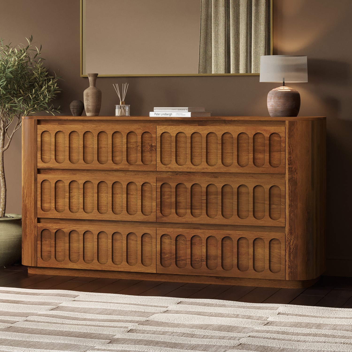 Wide Dark Wood Curved 6 Drawer Chest Drawers Fully Assembled