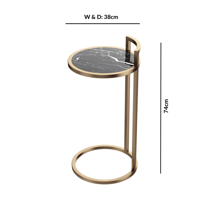 Black Marble Effect Side Table with Gold Metal Base - Meghan