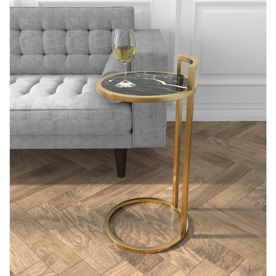 Black Marble Effect Side Table with Gold Metal Base - Meghan