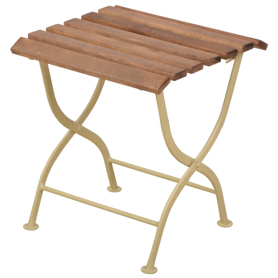 Folding Outdoor Side Table in Wood with Cream Metal Frame