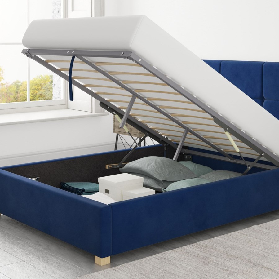 Navy Blue Velvet Double Ottoman Bed - Farringdon - Aspire