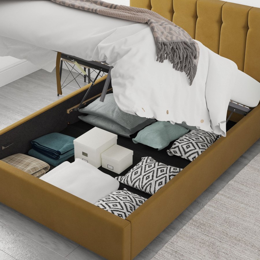 Mustard Velvet King Size Ottoman Bed - Pimilico - Aspire