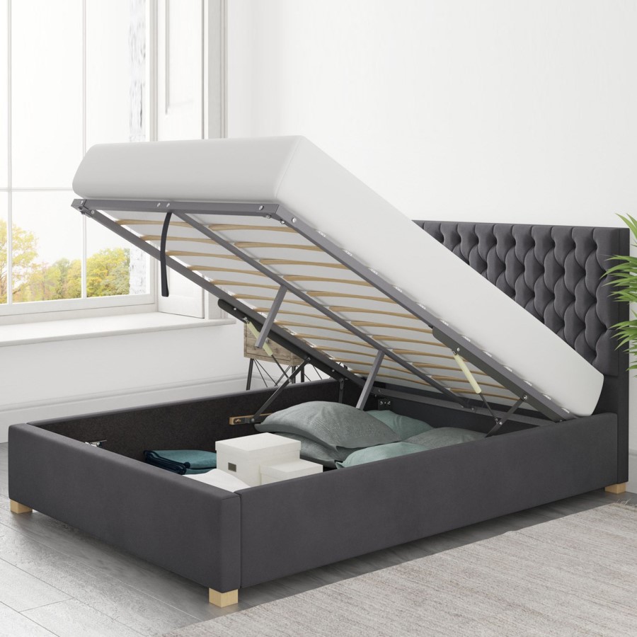 Dark Grey Velvet Double Ottoman Bed - Angel - Aspire