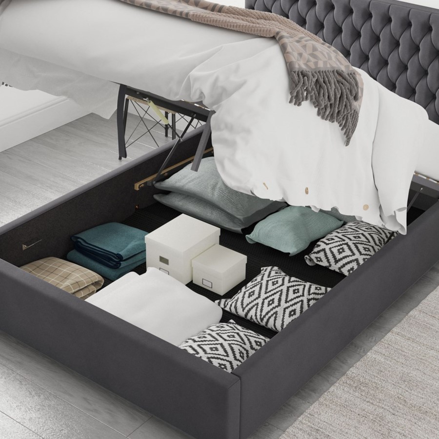 Dark Grey Velvet Double Ottoman Bed - Angel - Aspire