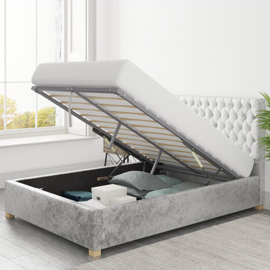 Silver Crushed Velvet Double Ottoman Bed - Angel - Aspire