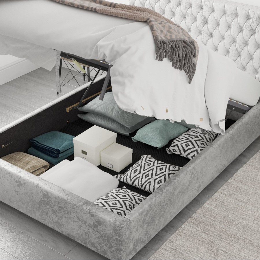 Silver Crushed Velvet Double Ottoman Bed - Angel - Aspire