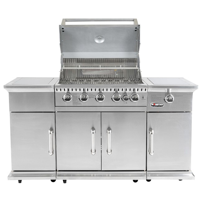 Monster Grill - 6 Burner Outdoor Kitchen BBQ Including Infrared Back Burner Plus Side Burner - Stainless Steel