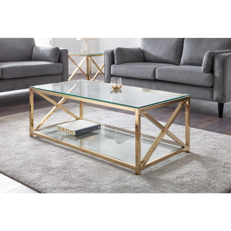 Rectangular Gold Glass Top Coffee Table - Miami