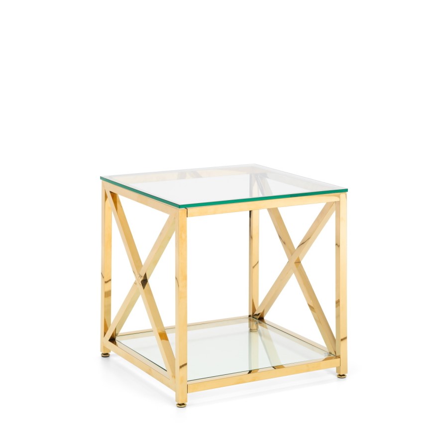 Square Gold Glass Top Side Table with Storage - Miami