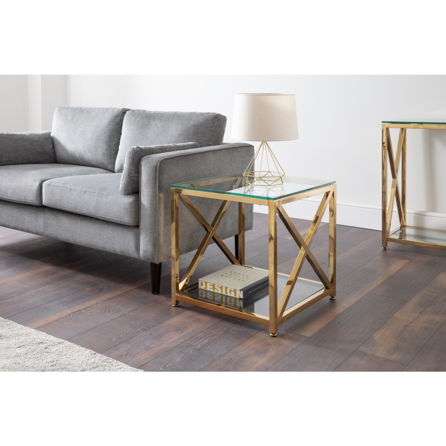 Square Gold Glass Top Side Table with Storage - Miami