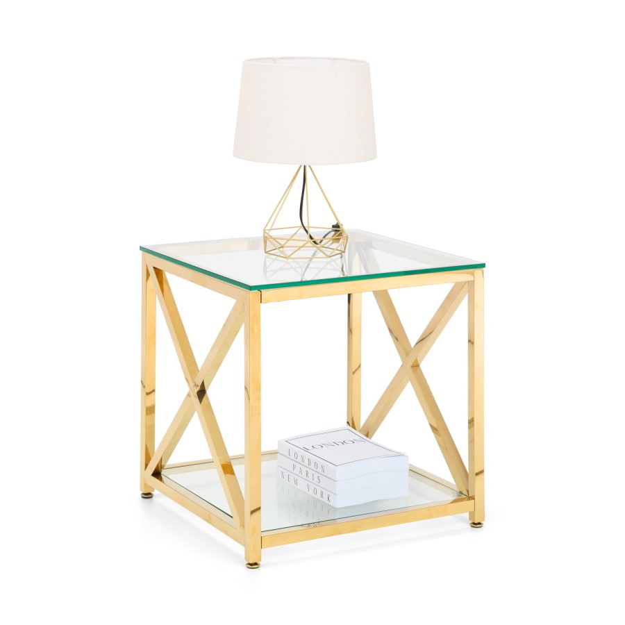 Square Gold Glass Top Side Table with Storage - Miami