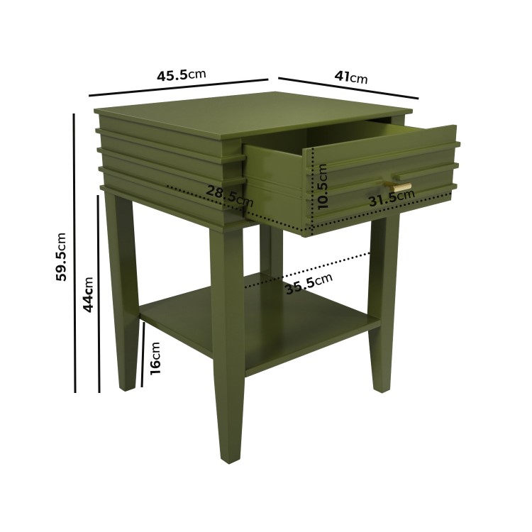 Olive Green Bedside Table with Drawer and Shelf - Midori