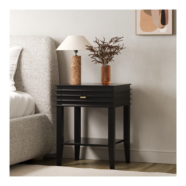 Black Bedside Table with Drawer and Shelf - Midori