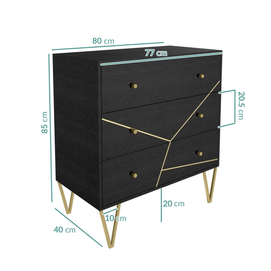 Mika 3 Drawer Dark Brown Chest of Drawers with Brass Inlay