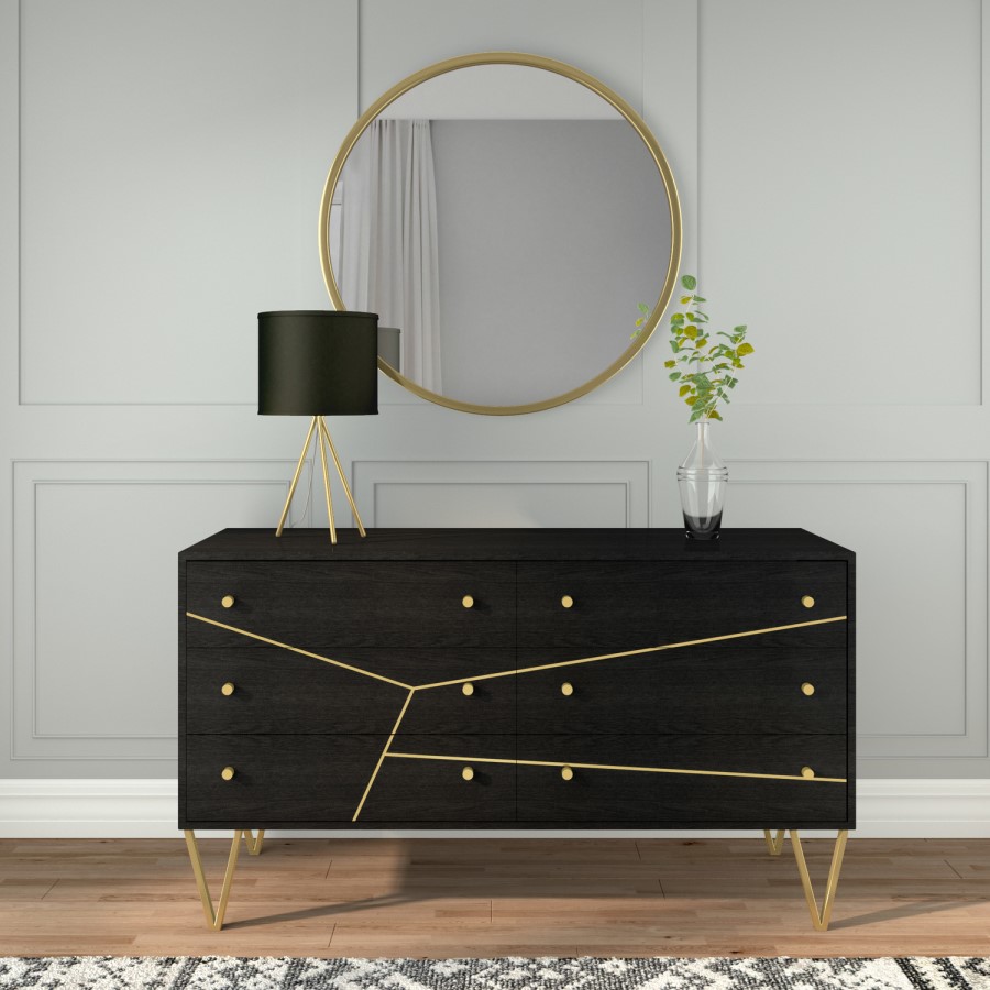 Mika Wide Dark Brown Chest of Drawers with Brass Inlay - 6 Drawers