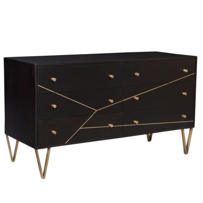 GRADE A2 - Mika Wide Dark Brown Chest of Drawers with Brass Inlay - 6 Drawers