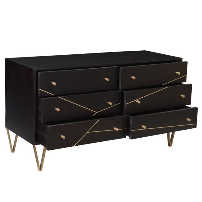 GRADE A2 - Mika Wide Dark Brown Chest of Drawers with Brass Inlay - 6 Drawers