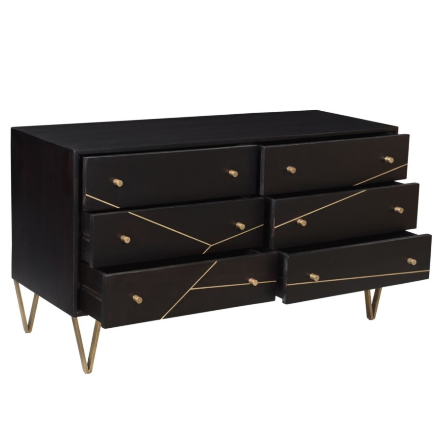 Mika Wide Dark Brown Chest of Drawers with Brass Inlay - 6 Drawers