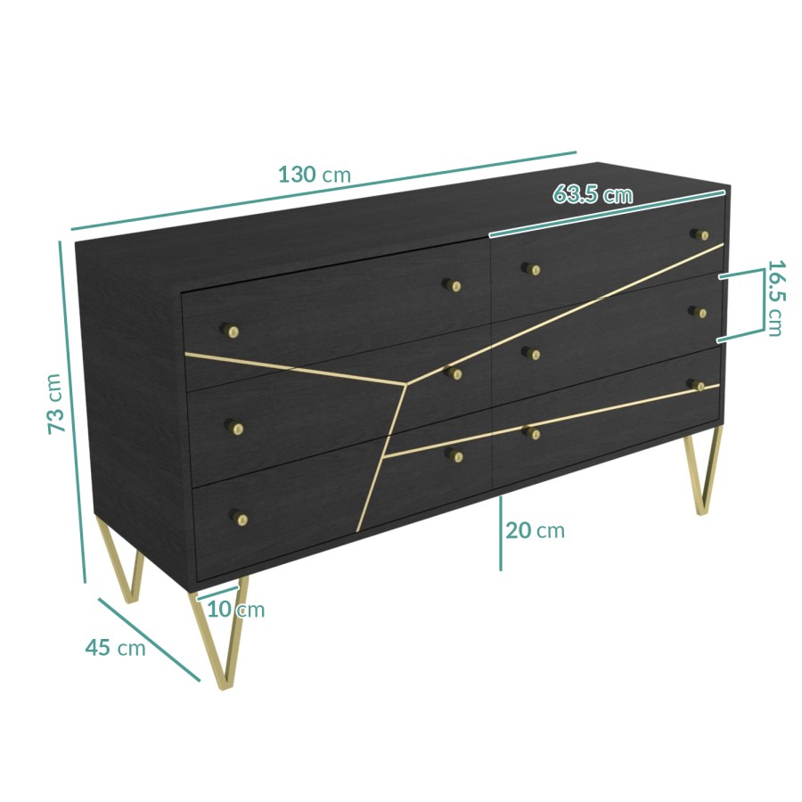 Mika Wide Dark Brown Chest of Drawers with Brass Inlay - 6 Drawers