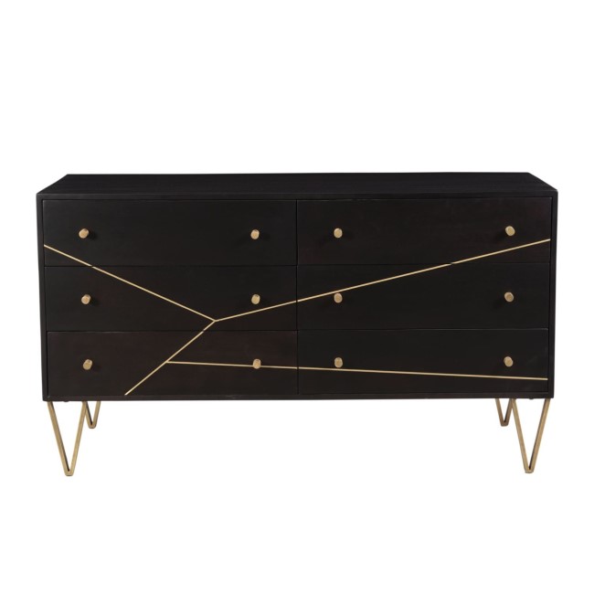 GRADE A2 - Mika Wide Dark Brown Chest of Drawers with Brass Inlay - 6 Drawers