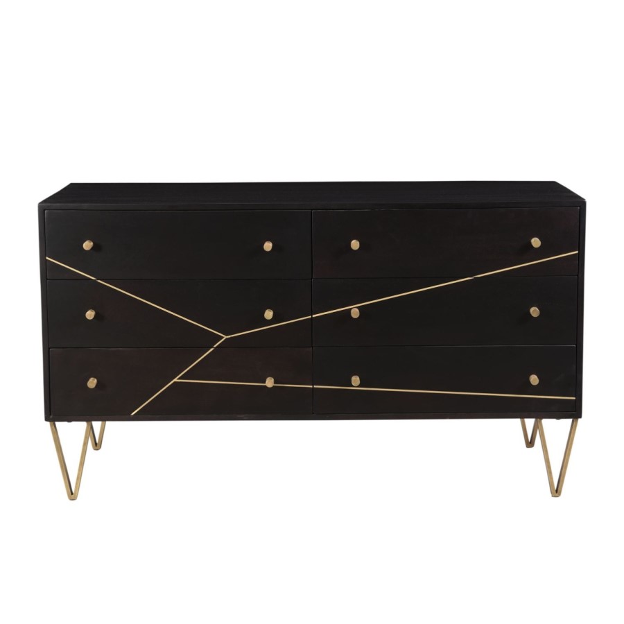 Mika Wide Dark Brown Chest of Drawers with Brass Inlay - 6 Drawers
