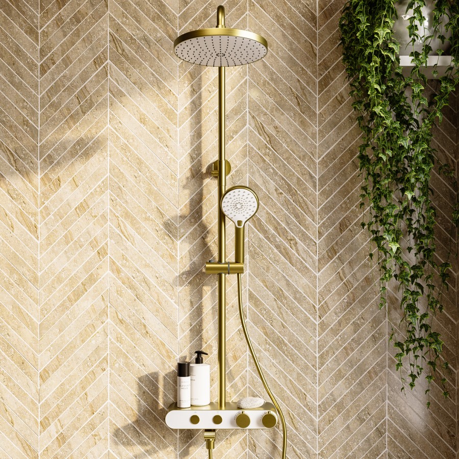 Brushed Brass Round Thermostatic Mixer Shower Set with Bath Filler Spout - Mika