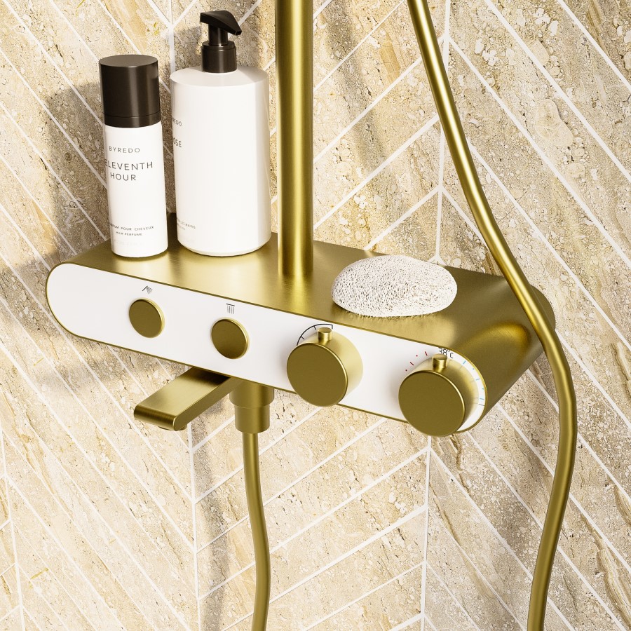 Brushed Brass Round Thermostatic Mixer Shower Set with Bath Filler Spout - Mika