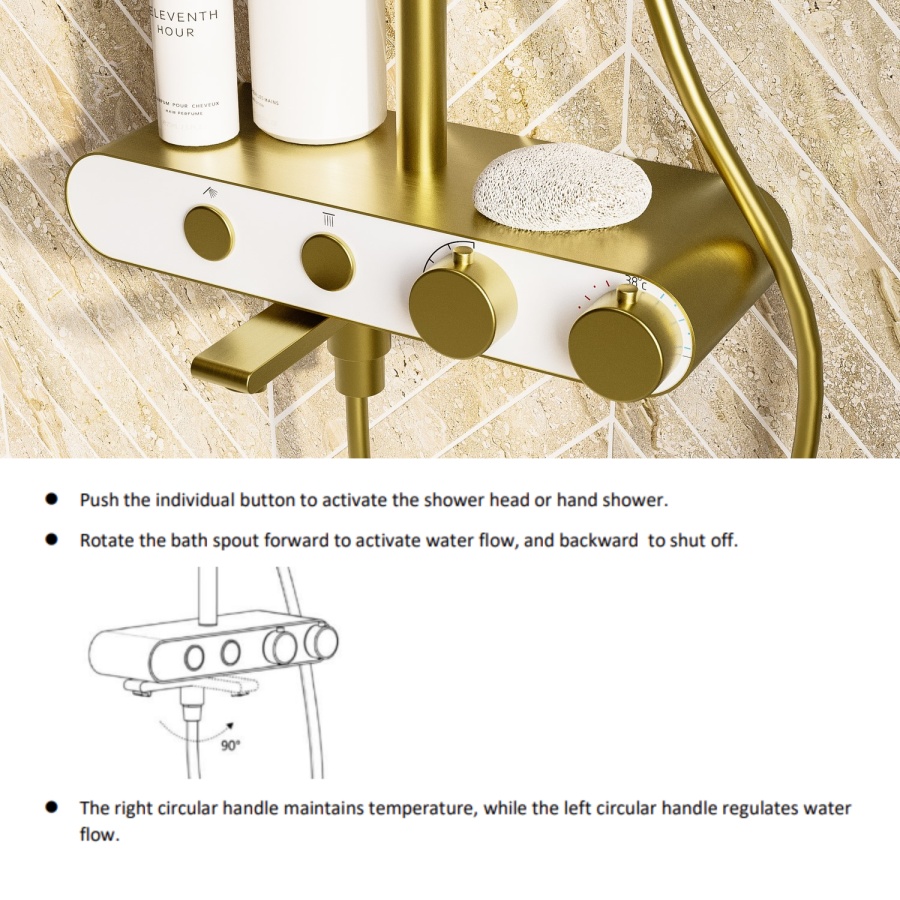 Brushed Brass Round Thermostatic 3 Outlet Mixer Shower Set with Bath Filler Spout  Push Buttons and Shelf- Mika