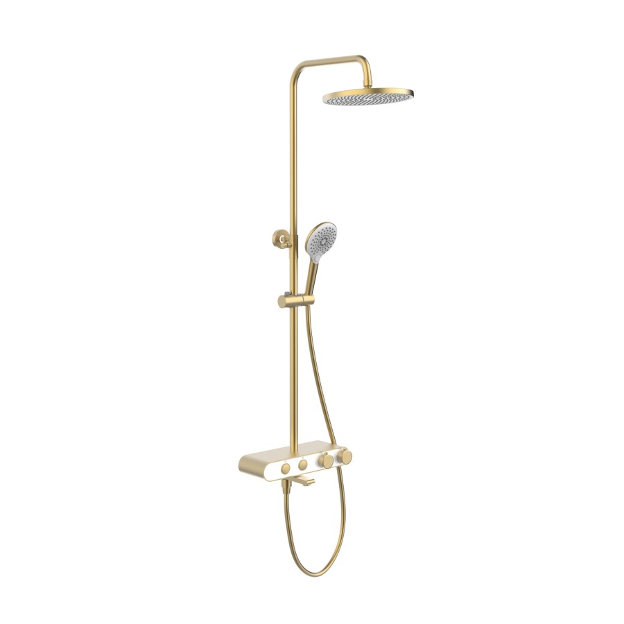 Brushed Brass Round Thermostatic 3 Outlet Mixer Shower Set with Bath Filler Spout  Push Buttons and Shelf- Mika