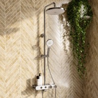 Chrome Round Thermostatic 3 Outlet Mixer Shower Set with Bath Filler Spout  Push Buttons and Shelf - Mika