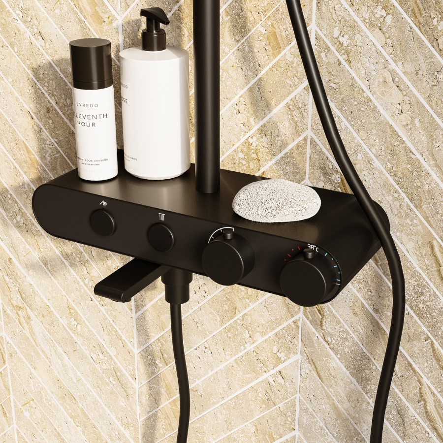 Black Round Thermostatic Mixer Shower Set with Bath Filler Spout - Mika