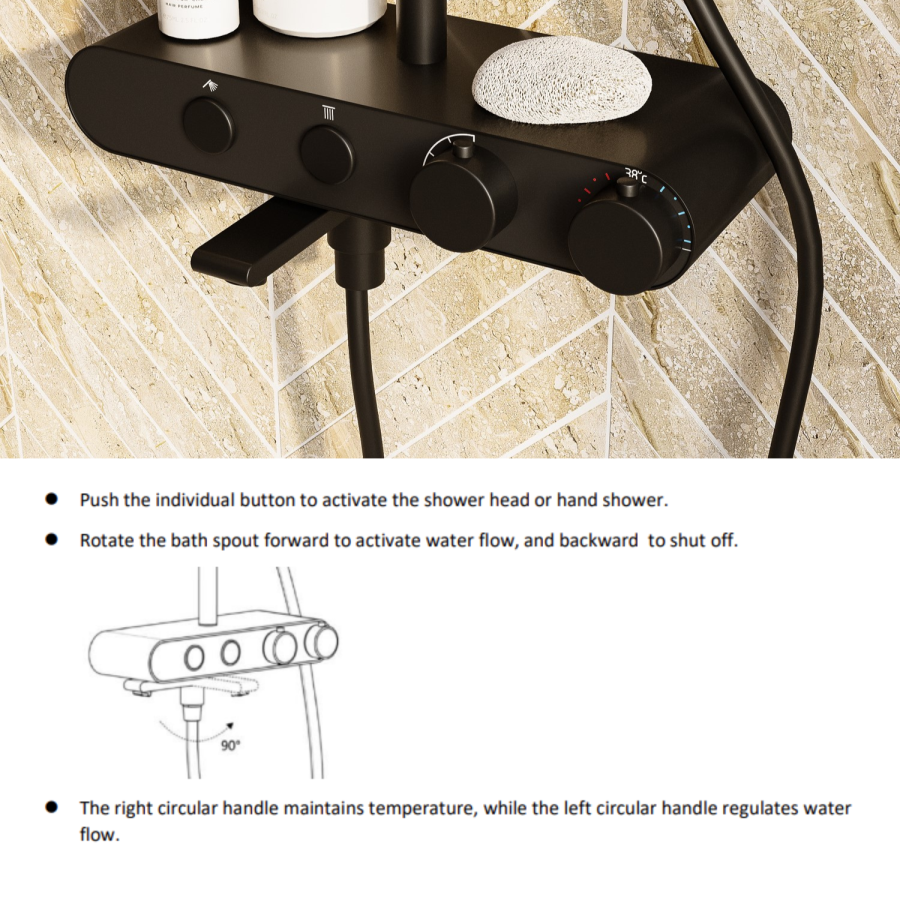 Black Round Thermostatic 3 Outlet Mixer Shower Set with Bath Filler Spout Push Buttons and Shelf- Mika