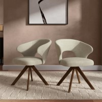 Set of 2 Beige Upholstered Swivel Dining Chairs with Walnut Legs - Mila