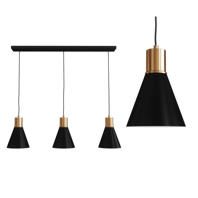 GRADE A1 - Ceiling Bar Light with 3 Matte Black Pendants & Gold Tops