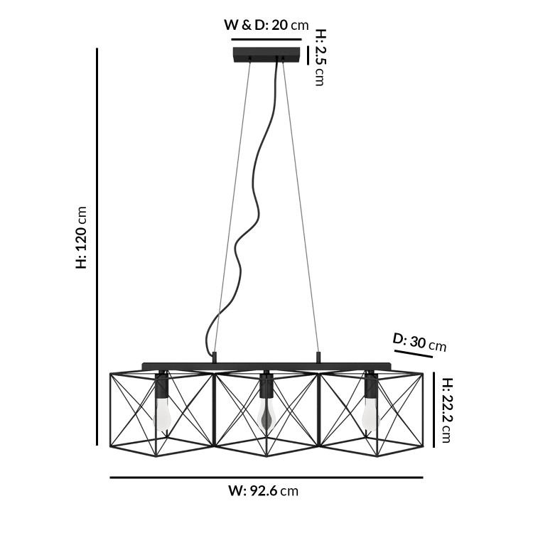 Large Black Geometric Bar Pendant with 3 Lights - Davis