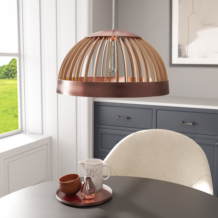 ONLY OPENED - Mayfield Wood Dome Pendant Light with Copper Finish 