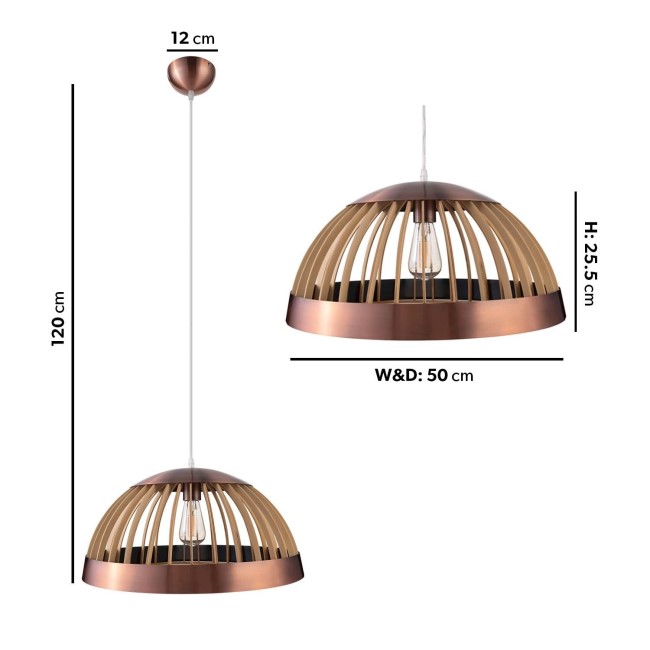 ONLY OPENED - Mayfield Wood Dome Pendant Light with Copper Finish 