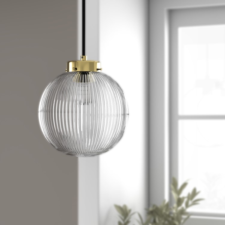 GRADE A1 - Ribbed Round Lantern Pendant Light with Brass Finish - Georgia