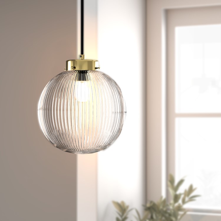 GRADE A1 - Ribbed Round Lantern Pendant Light with Brass Finish - Georgia