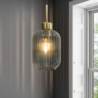 GRADE A1 - Smoked Ribbed Glass Pendant Light - Lawrence