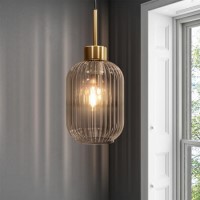 Smoked Ribbed Glass Pendant Light with Gold Finish - Lawrence