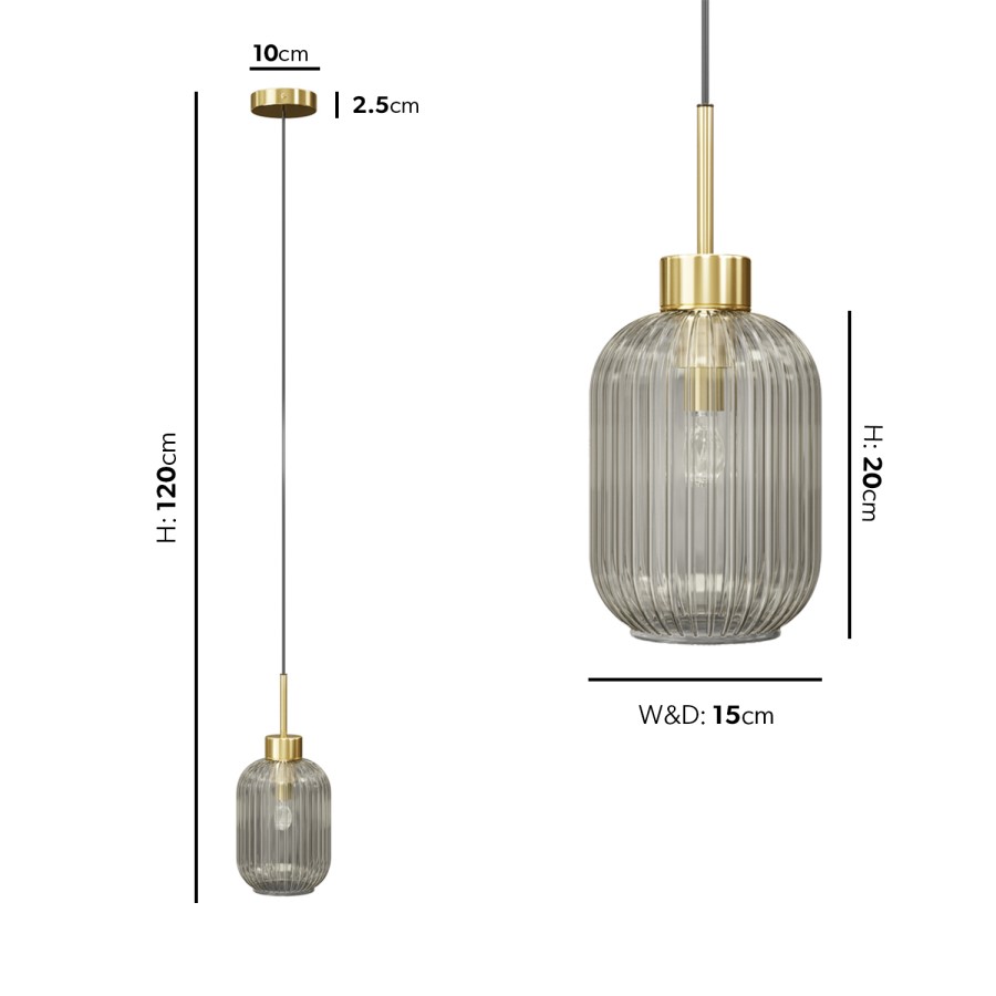 GRADE A1 - Smoked Ribbed Glass Pendant Light - Lawrence