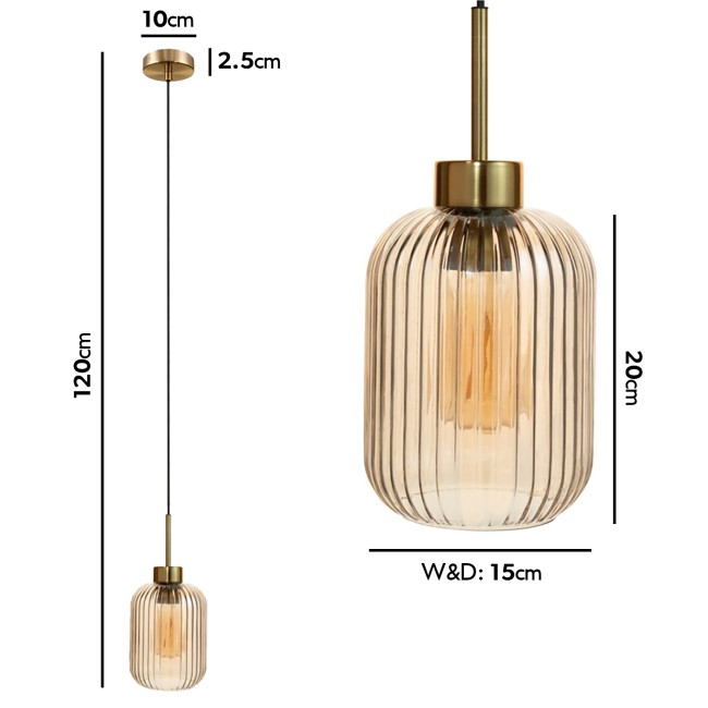 Smoked Ribbed Glass Pendant Light with Gold Finish - Lawrence