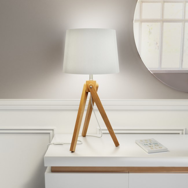 White Shade Wooden Tripod Table Lamp - Whenby