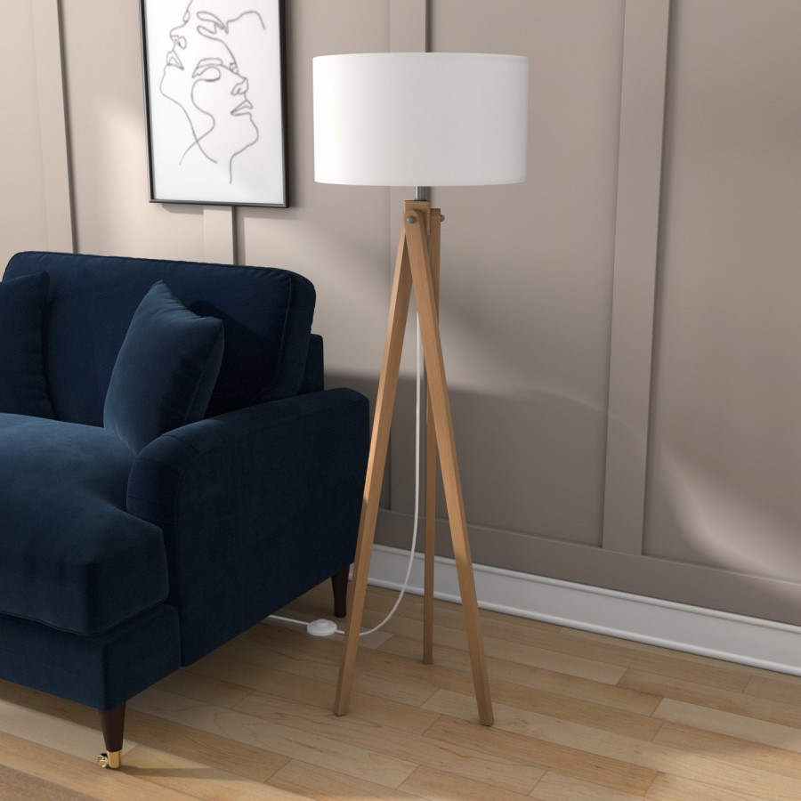 GRADE A1 - Box Opened Whenby Wooden Tripod Standing Floor Lamp with White Shade