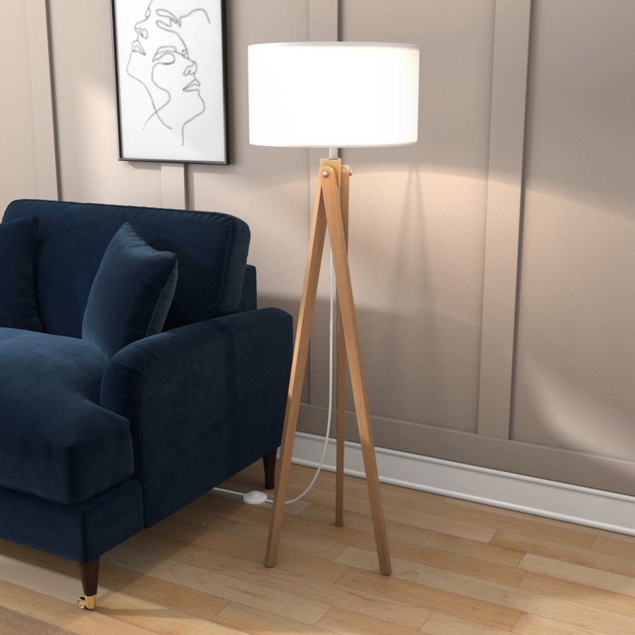 GRADE A1 - Box Opened Whenby Wooden Tripod Standing Floor Lamp with White Shade