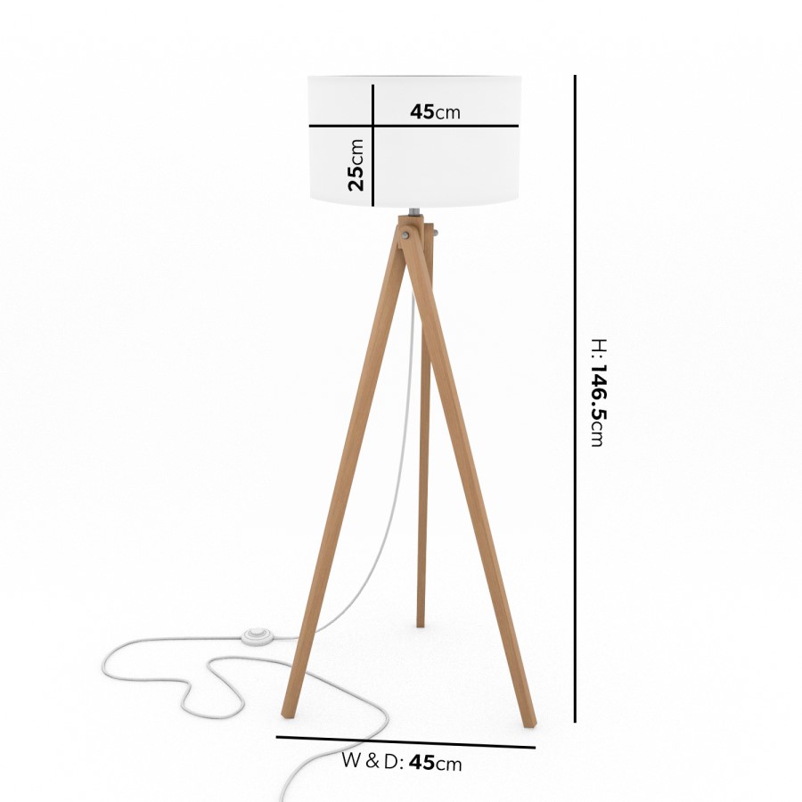 GRADE A1 - Box Opened Whenby Wooden Tripod Standing Floor Lamp with White Shade