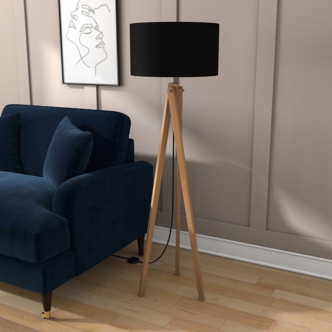 Black Shade Wooden Tripod Floor Lamp - Whenby